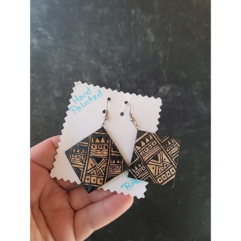 Handpainted Bohemian Wooden Square Shaped Dangling Earrings Vintage NOS